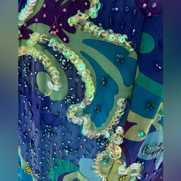 Vintage Cache Turquoise 🦋 Purple Lime Beaded Sequin Cocktail Dress Sz 12 Halter - Picture 10 of 16